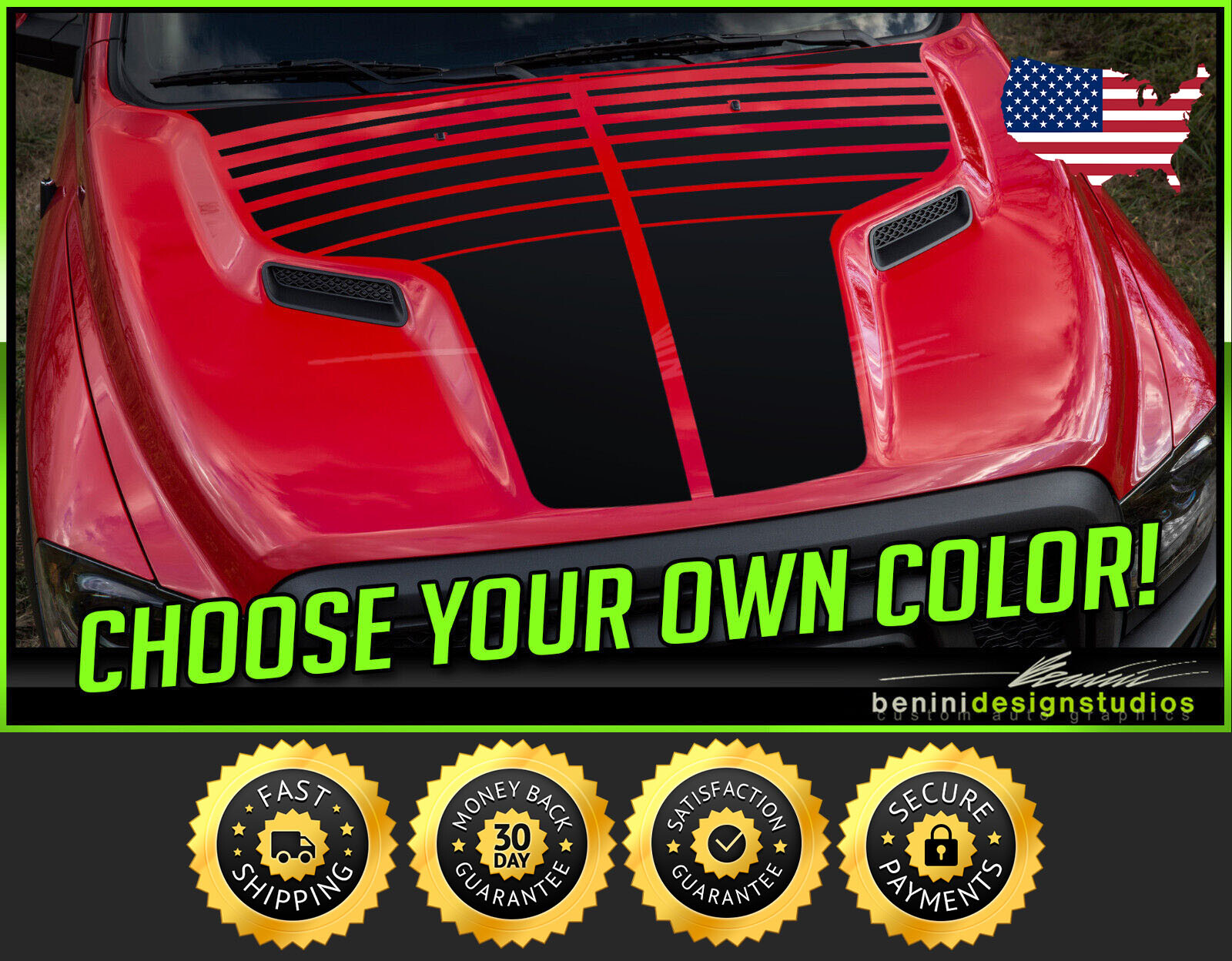 Hood Blackout Racing Stripes Style 4 – FITS 2009-2018 Dodge Ram Sport
