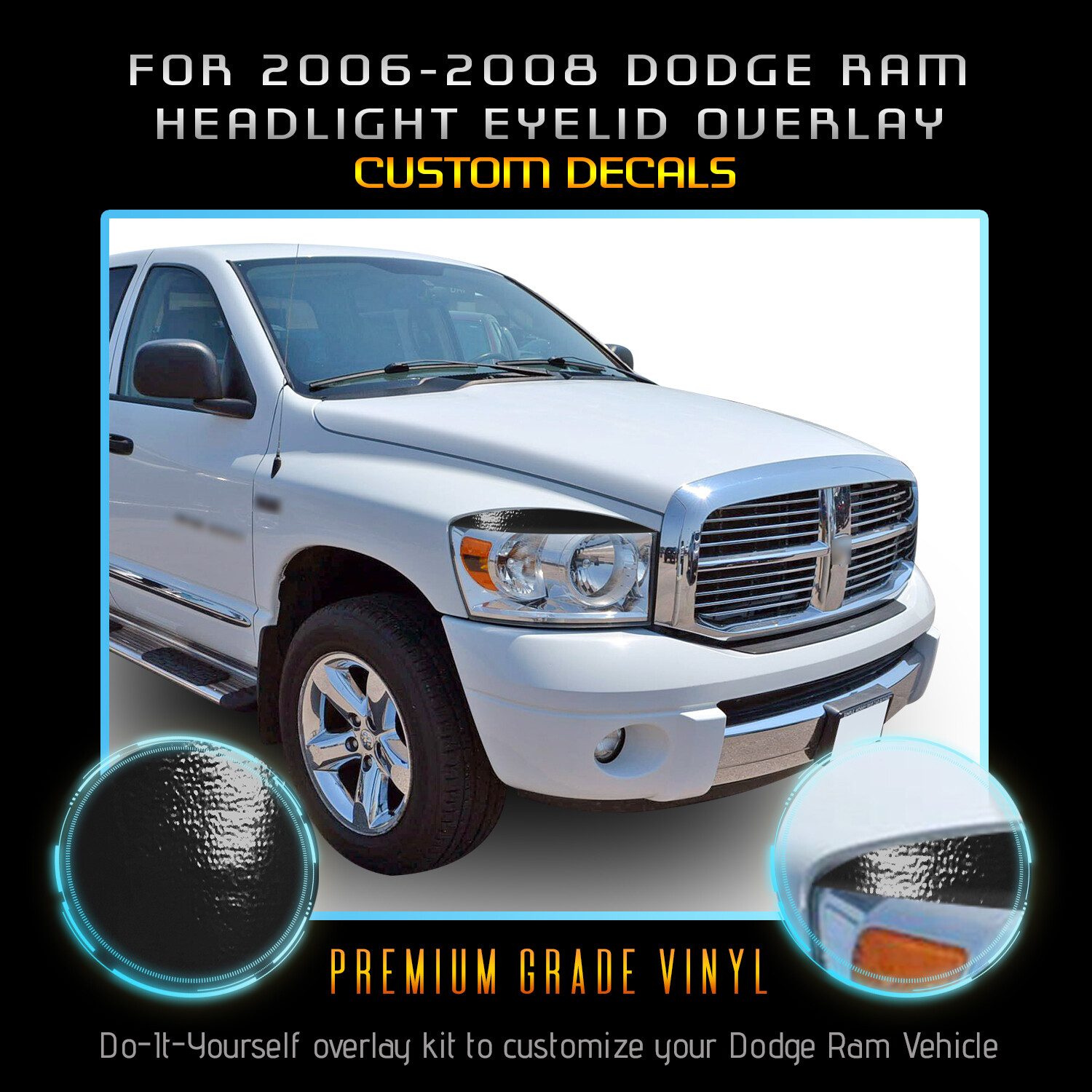 For 2006-2008 Dodge Ram 1500 2500 Headlight Eyelid Graphic Decals – Glossy Vinyl