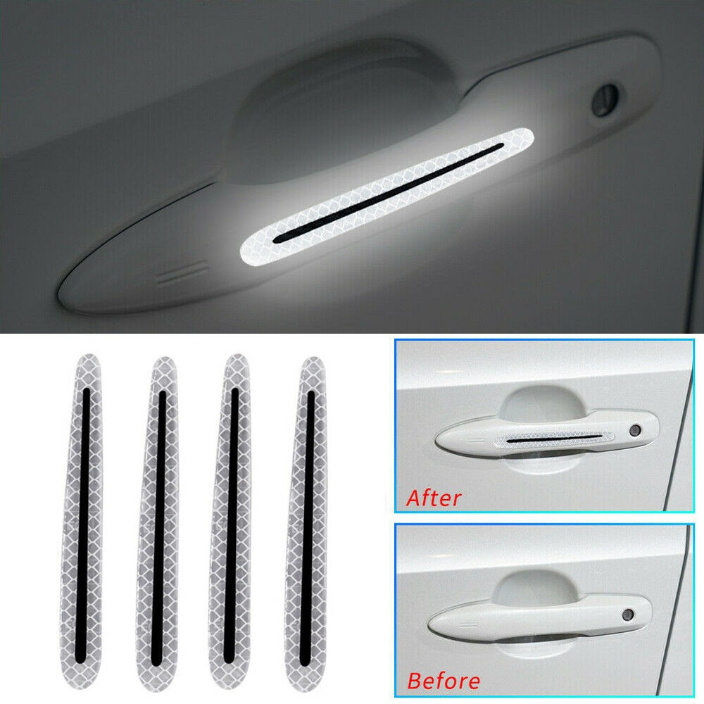 4x Red Carbon Fiber Reflective Strip Car Door Handle Safety Warning Sticker Trim