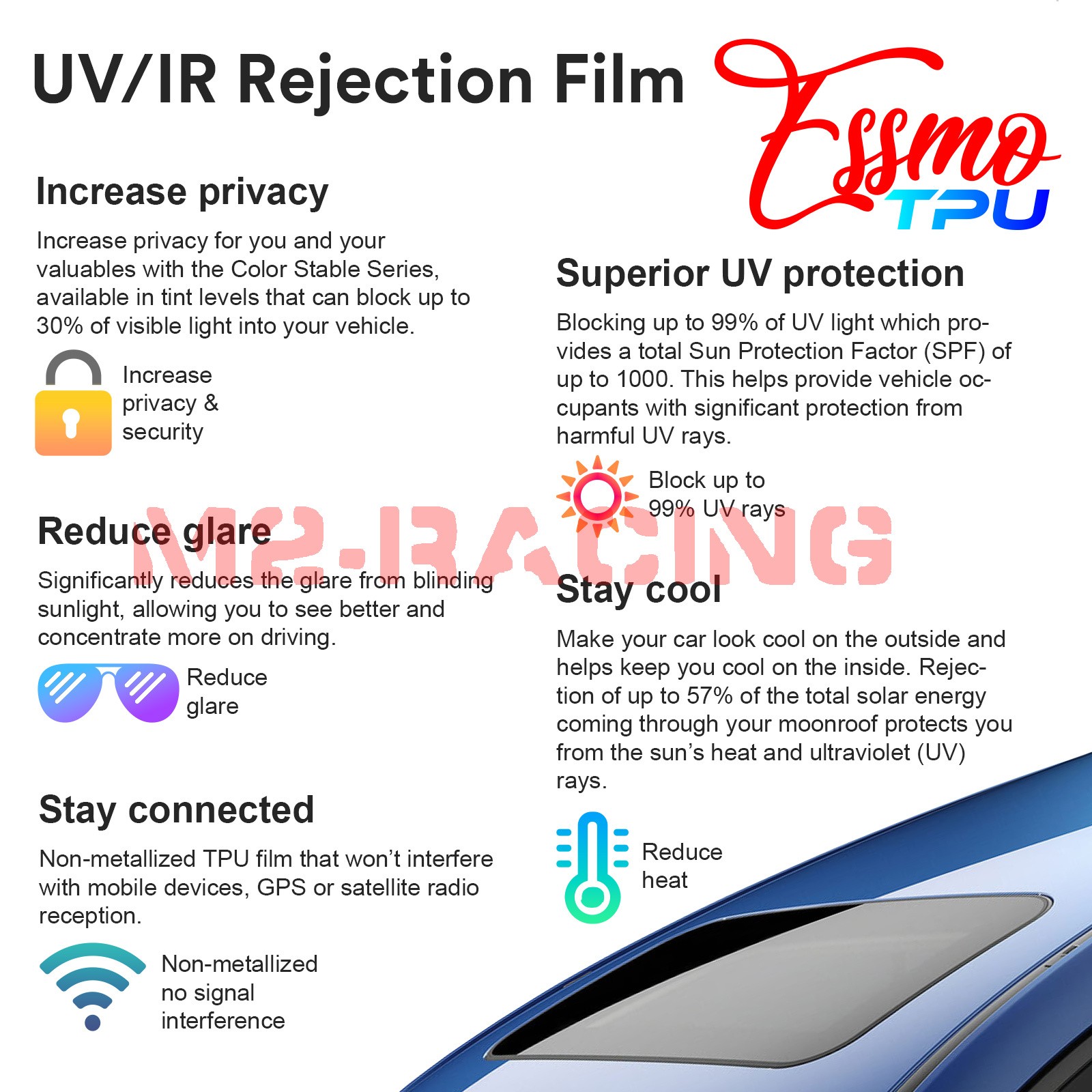 TPU Essmo Security Black Smoke Glass Sunroof VLT70% UV99% Windshield Sunshade