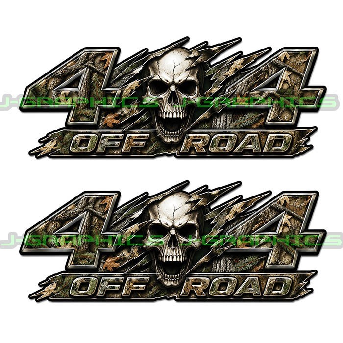 4×4 Off Road Forest Camo Skull Decals Truck Bedside Fender Sticker Pair A
