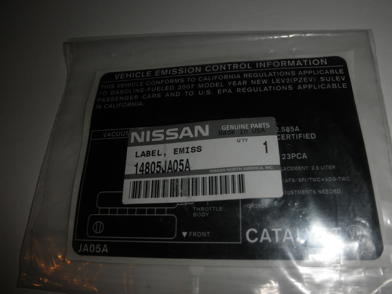2007 NISSAN ALTIMA 2.5L OEM NEW EMISSION LABEL 14805JA05A
