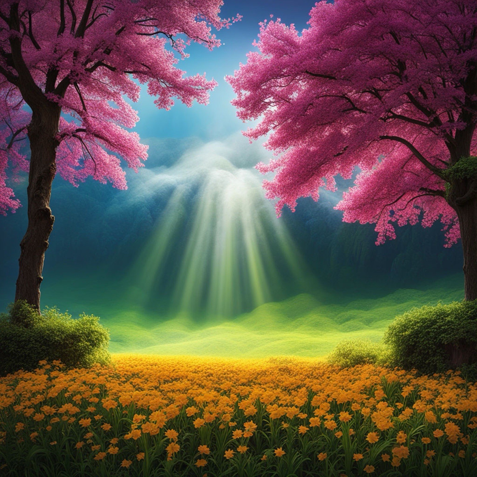 Nature Sticker (3 Inch) Illuminating Vibrant Pink Trees Meadow Of Gold Flowers !