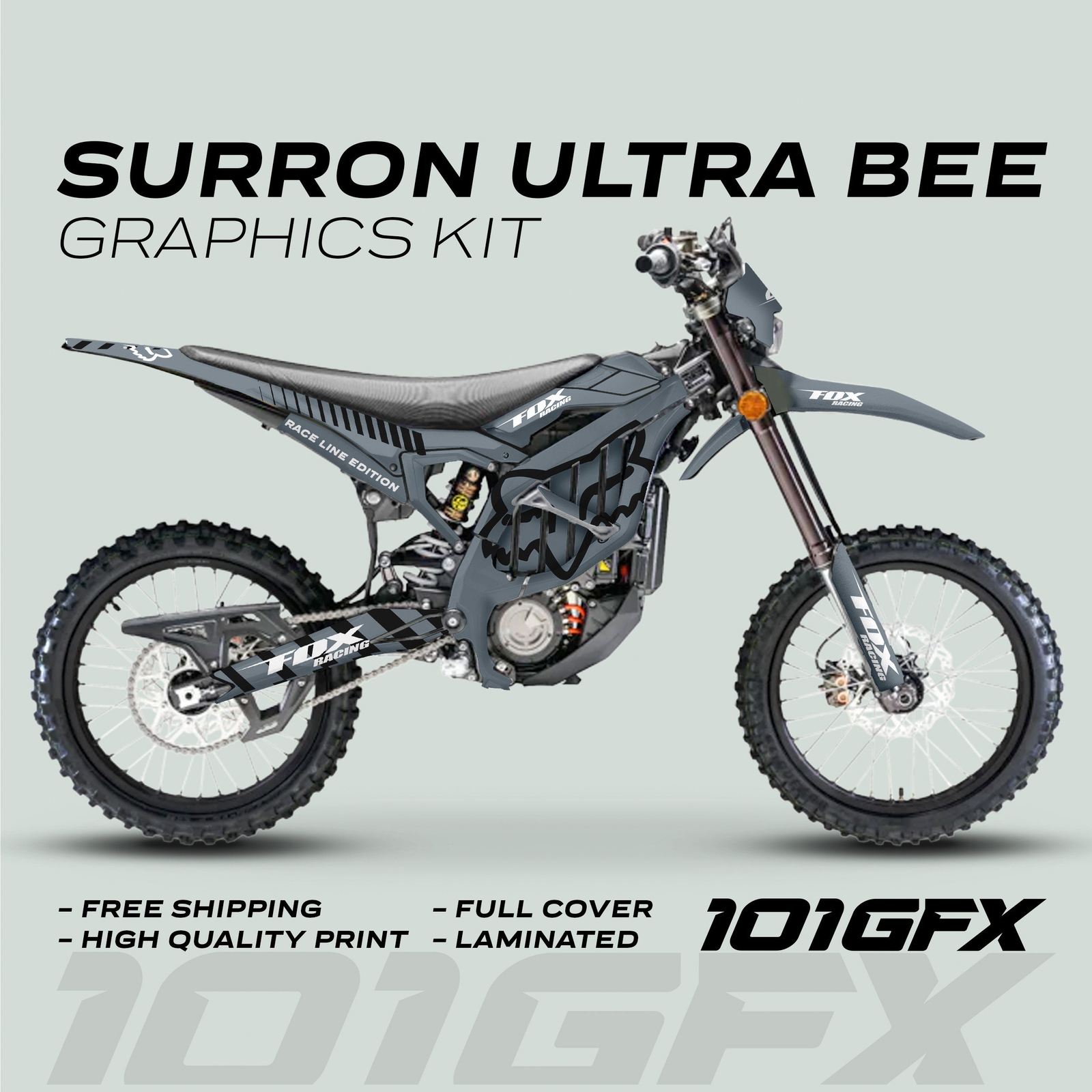 Surron Ultra Bee Graphics Kit FOX RACE LINE Grey Black Decals Stickers