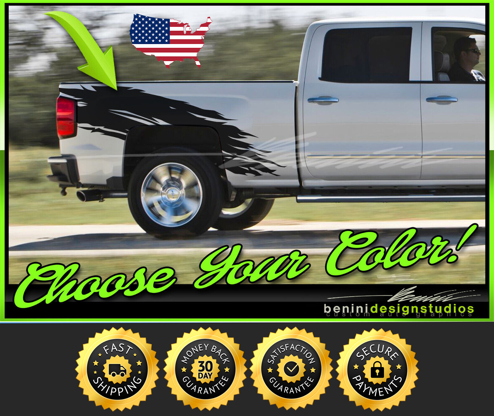 Chevy Silverado GMC Sierra Denali Tear Bed Side Stripes Graphics FITS 2007-2017