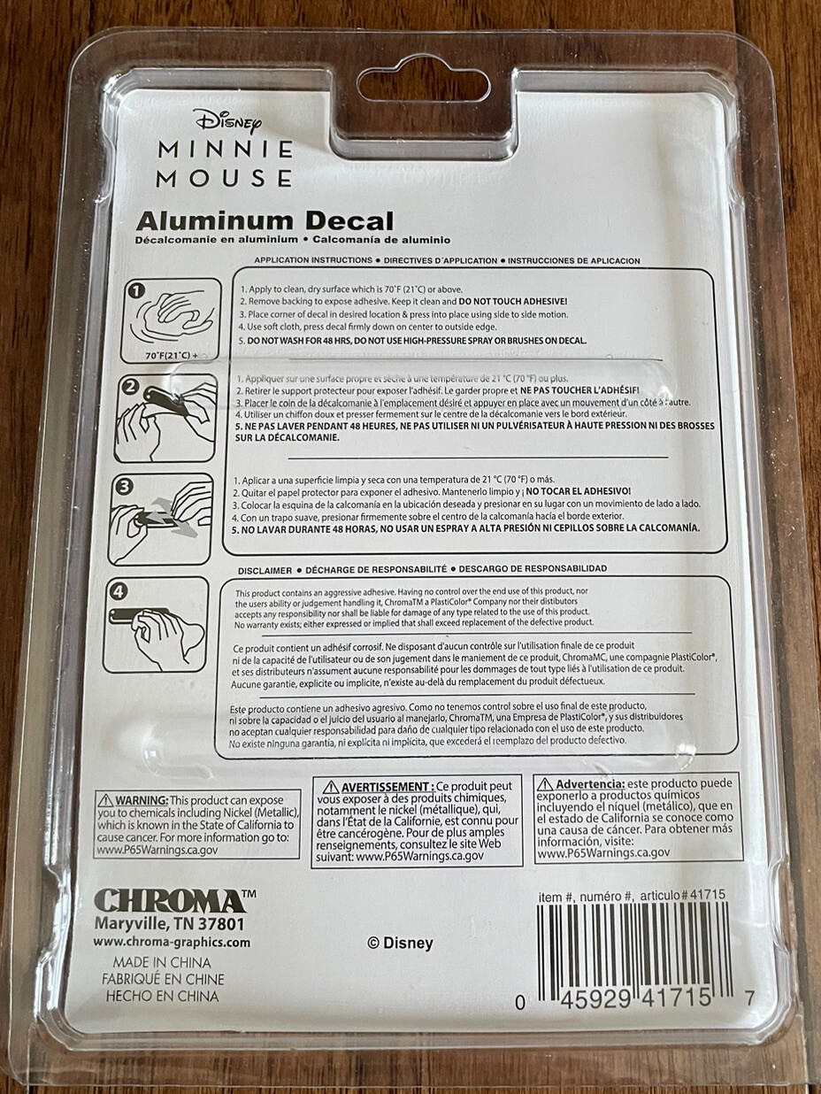 NEW Disney Minnie Mouse Aluminum Exterior Car / Truck / SUV Decal