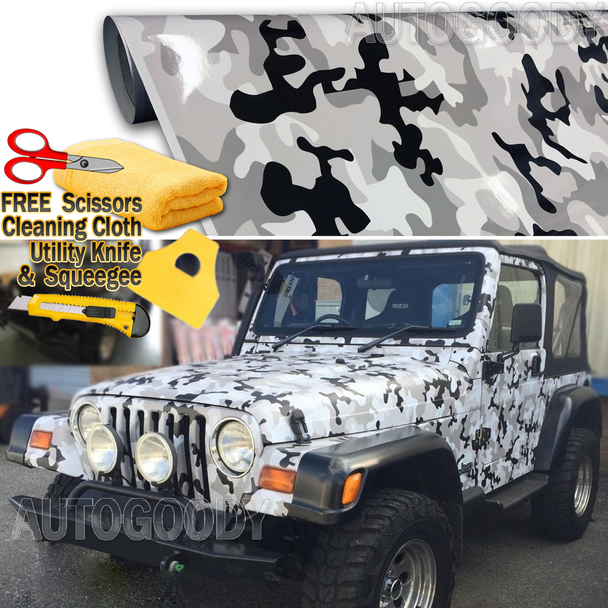 Snow Camo Camouflage Vinyl Film Wrap Decal Air Bubble Free Black White Gray