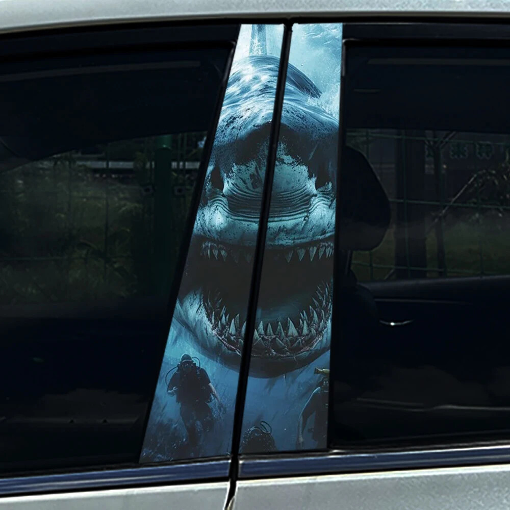 2x Tiger Shark Mouth Megalodon Car B Pillar Sticker Center Column Cover Decals