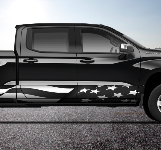 American Flag Waving Grey Rocker Panel Truck SUV Graphic Decal Wrap Kit -4 Sizes