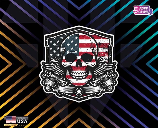 AMERICAN SKULL USA FLAG STICKER, DECAL, 5YR VINYL LAPTOP FREE GIFT CUST SZ DM M