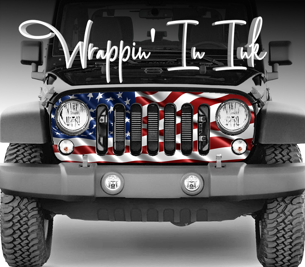 Grill Wrap American Flag Waving Red White Blue for Jeep Wrangler 2007- 2018