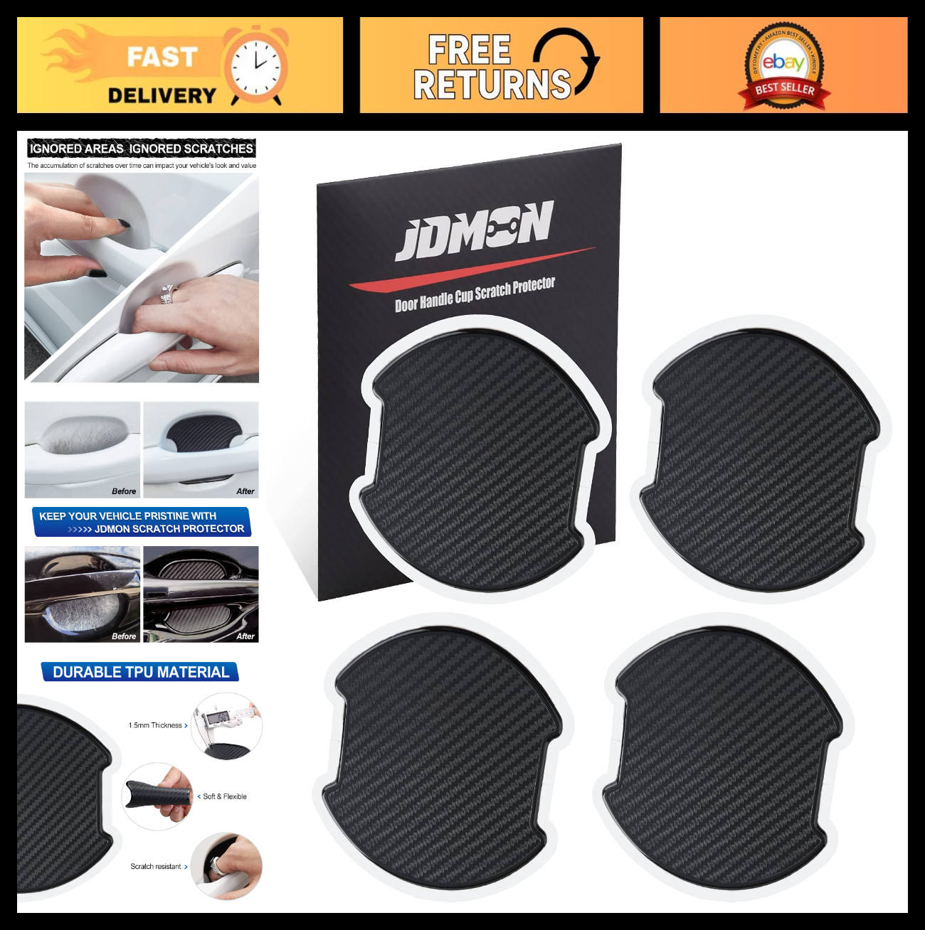 Universal Car Door Handle Scratch Protector – 4Pcs TPU Carbon Fiber 3D Stickers