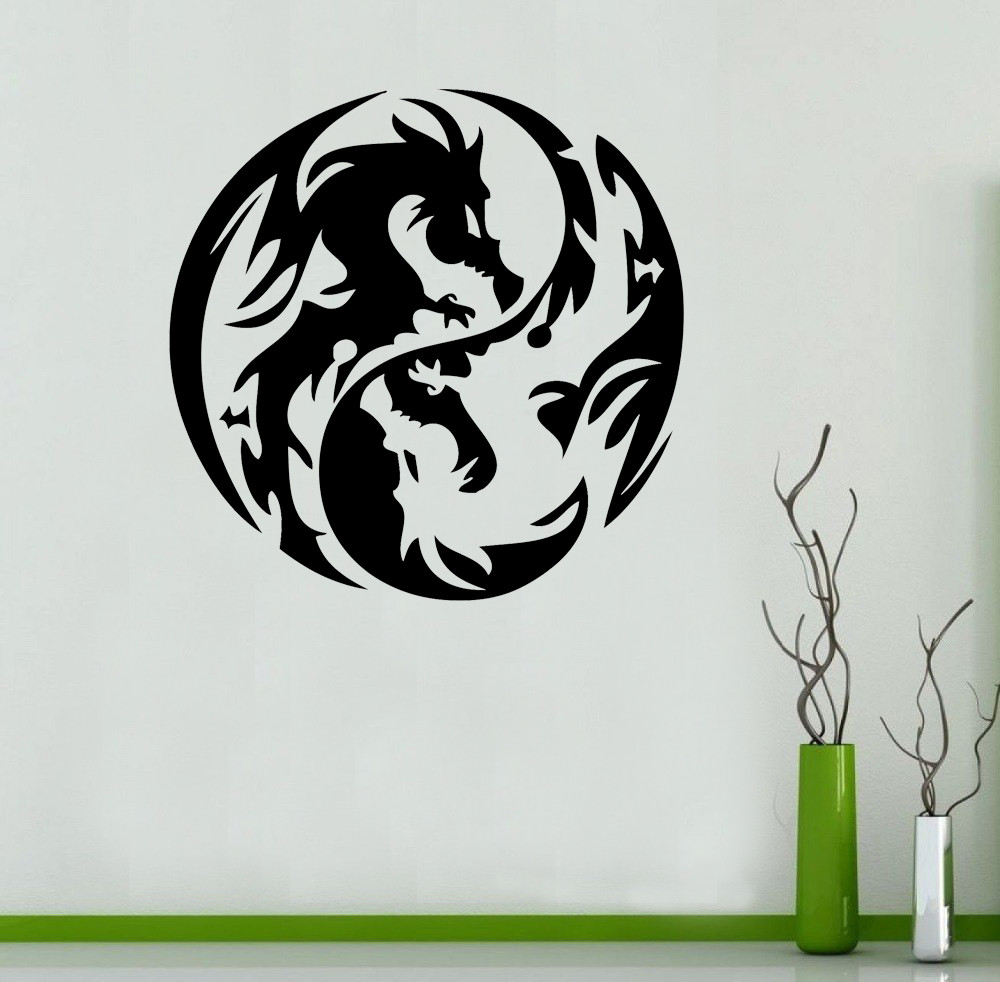 Yin and yang Chinese dragon Art silhouette poster 22″ Black decal Sticker