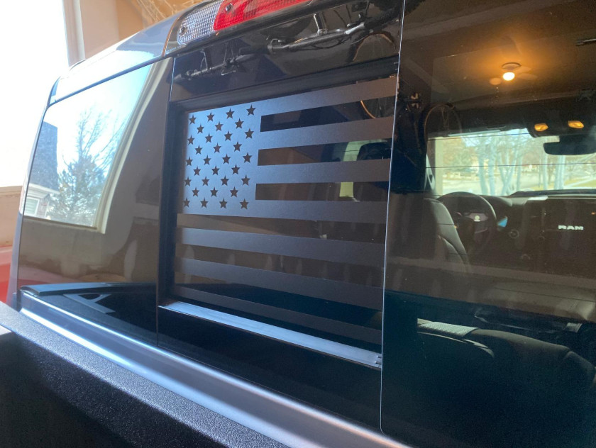 2009-2023+ Dodge RAM Back Middle Window American Flag Decal Sticker Matt Black
