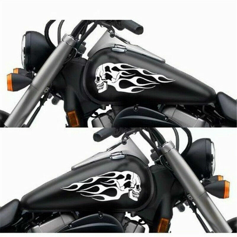 2pcs Set Motorcycle Gas Tank Flaming Flames Skull Badge Vinyl Decal Sticker