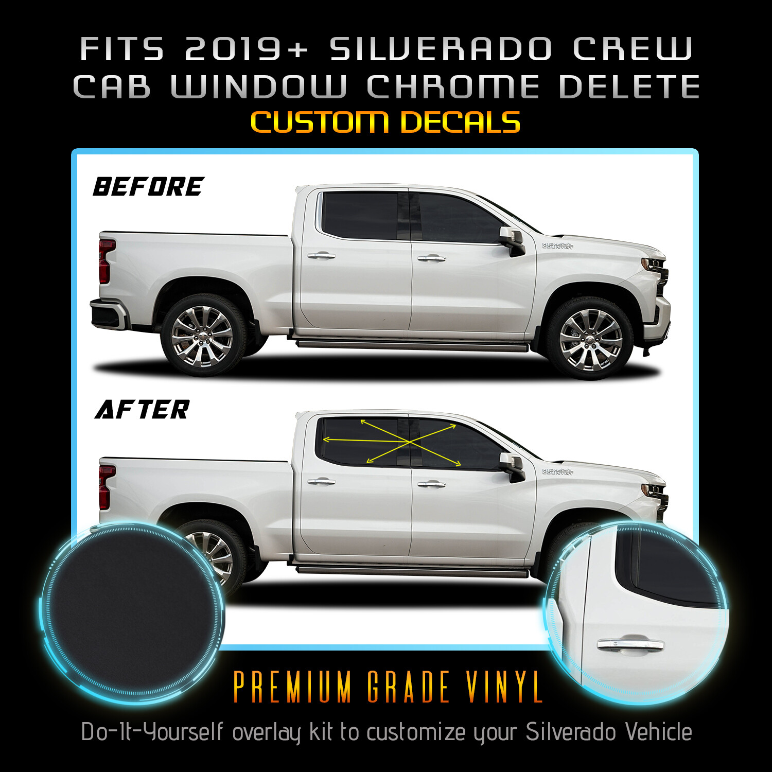 For 2019+ Silverado 1500 Crew Cab ONLY Window Trim Chrome Delete Blackout Kit