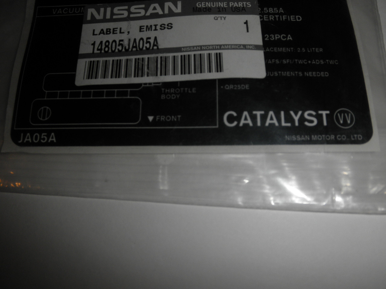 2007 NISSAN ALTIMA 2.5L OEM NEW EMISSION LABEL 14805JA05A