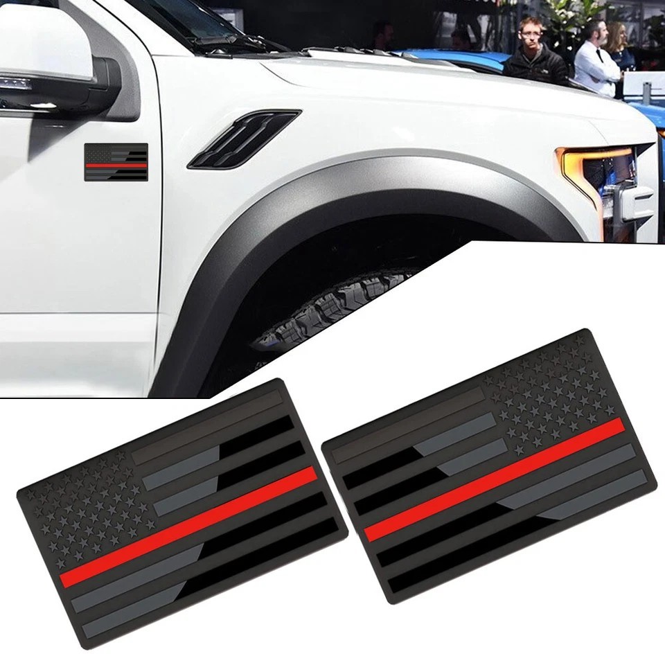 2PCS 3D Metal Black Red American Flag Emblem Sticker Decor for Car Truck Vehicle