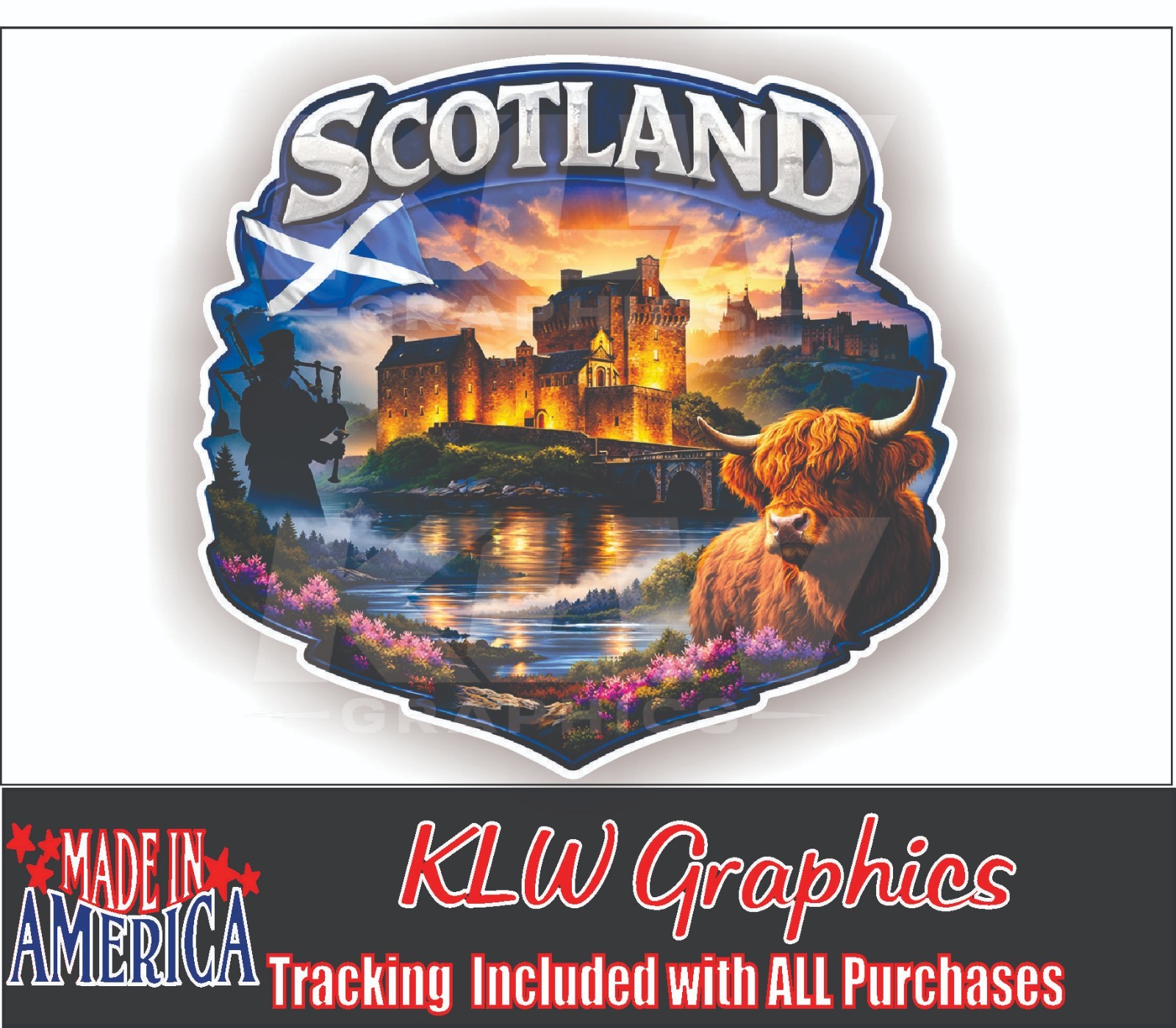 Scotland Highland Cow Sticker Castle Scenic Landscape Scottish Flag Decal
