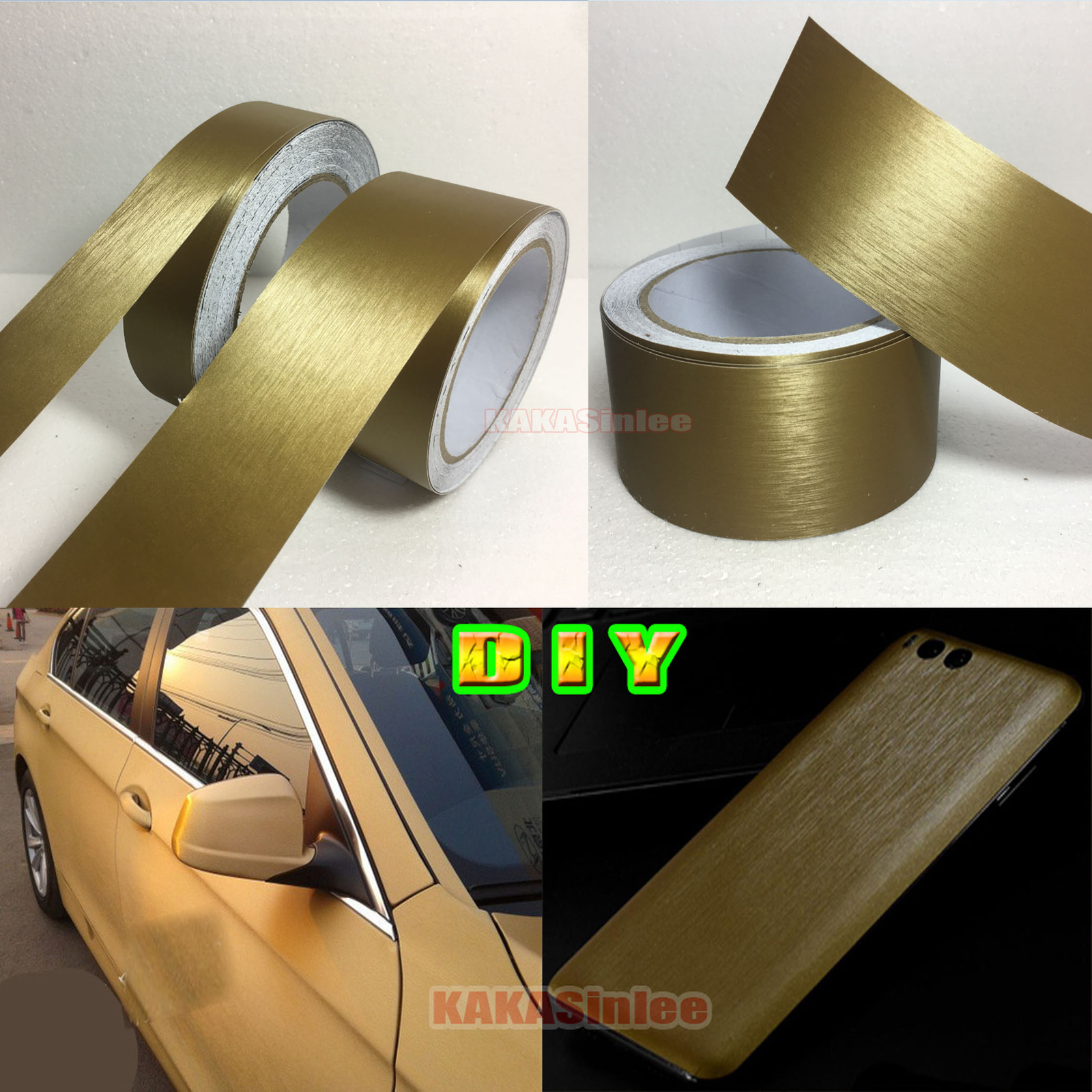 50FT Gold Stretchable Whole Car Wrap Metal 3D Brushed Vinyl Hood Sticker BO