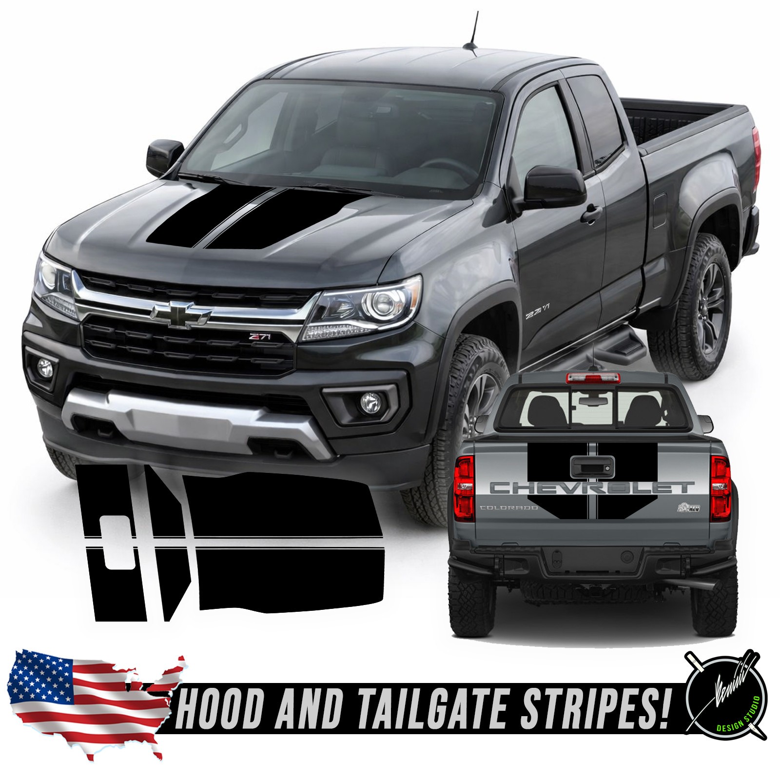 Hood Tailgate Rally Racing Stripes Graphics – Fits 2015-2022 Chevy Colorado