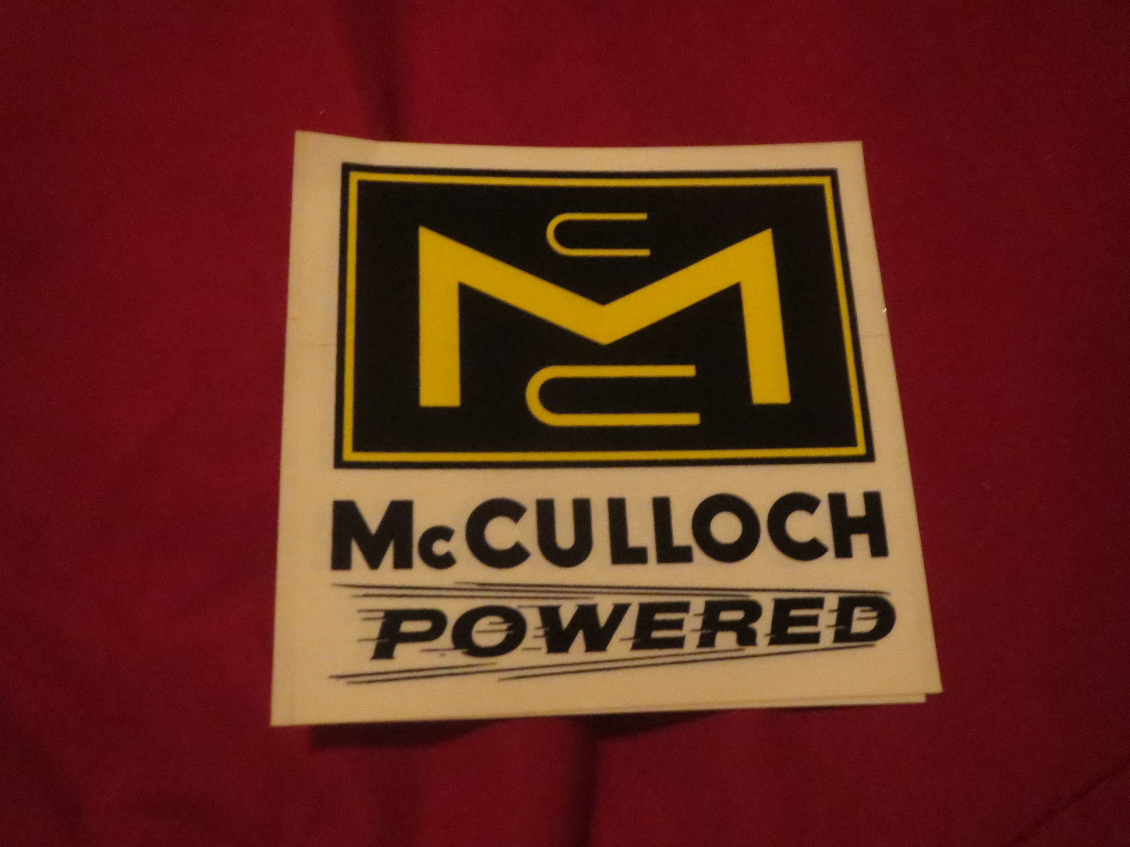 MCCULLOCH POWERED MC YELLOW BLACK LOGO FENDER QUARTER AUTOMOTIVE DECAL 4 1/2″
