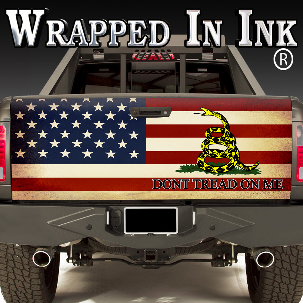 Tailgate Wrap Dont Tread On Me Gadsden Snake on Rustic Flag Truck Graphic Wrap