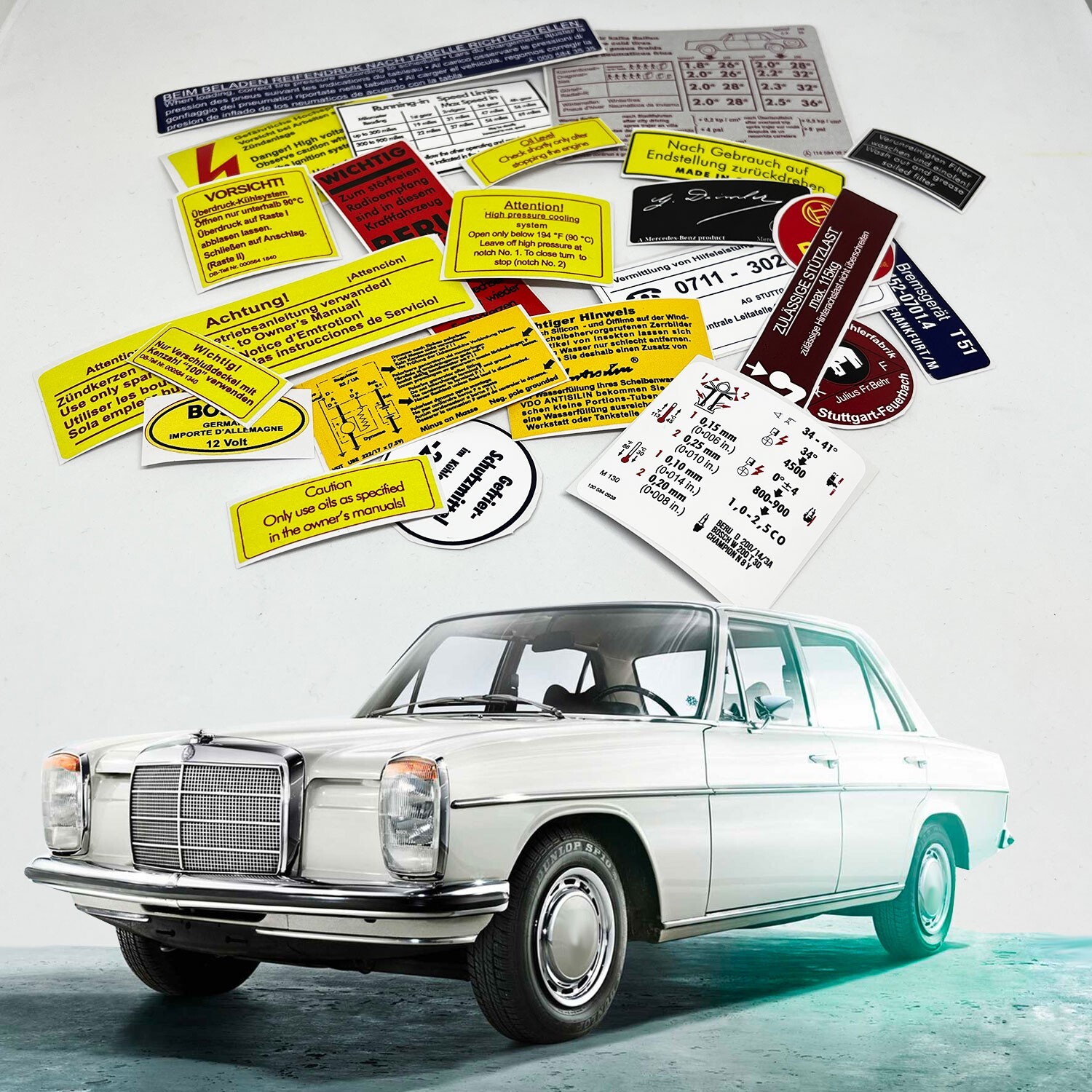 Mercedes Benz W114 W115 Restoration Warning Caution Engine Bay Stickers Label