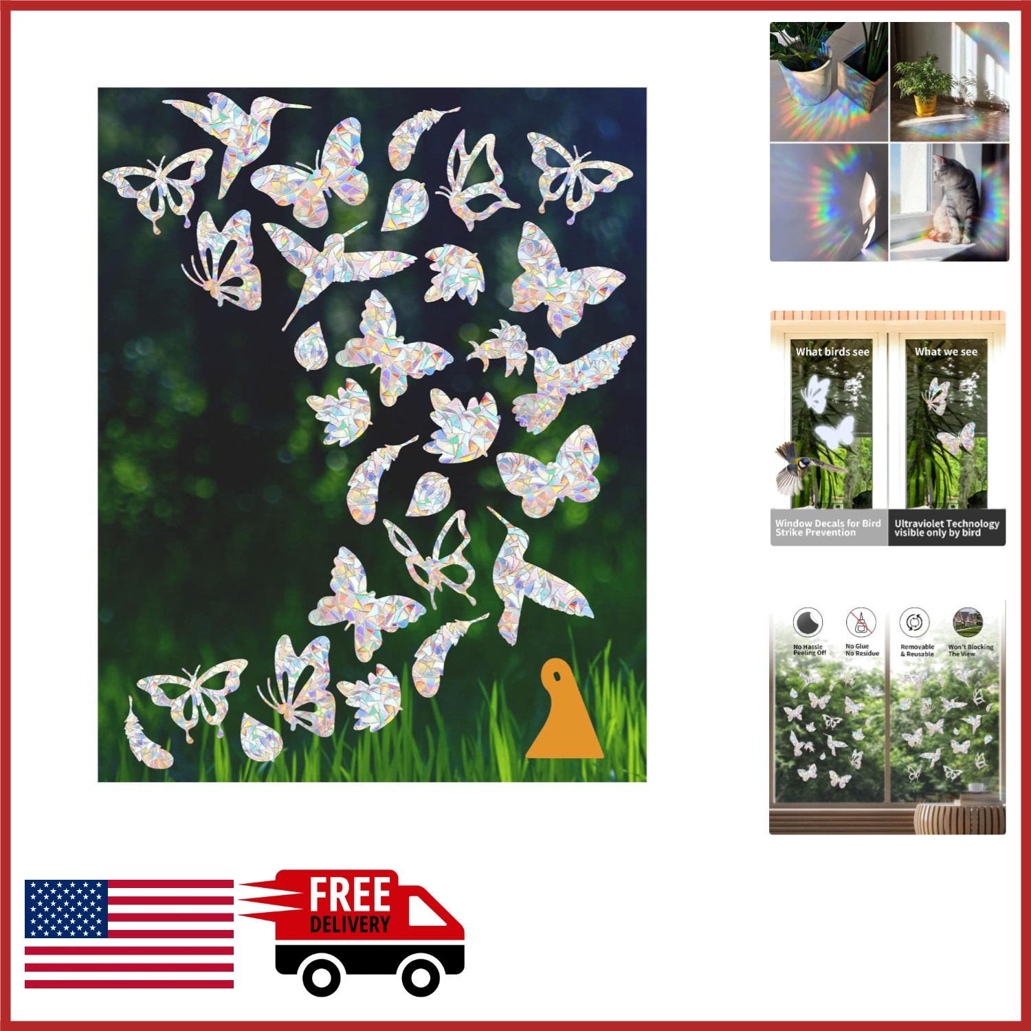 Reusable Window Clings for Bird Strikes – 36 Count Decorative Stickers