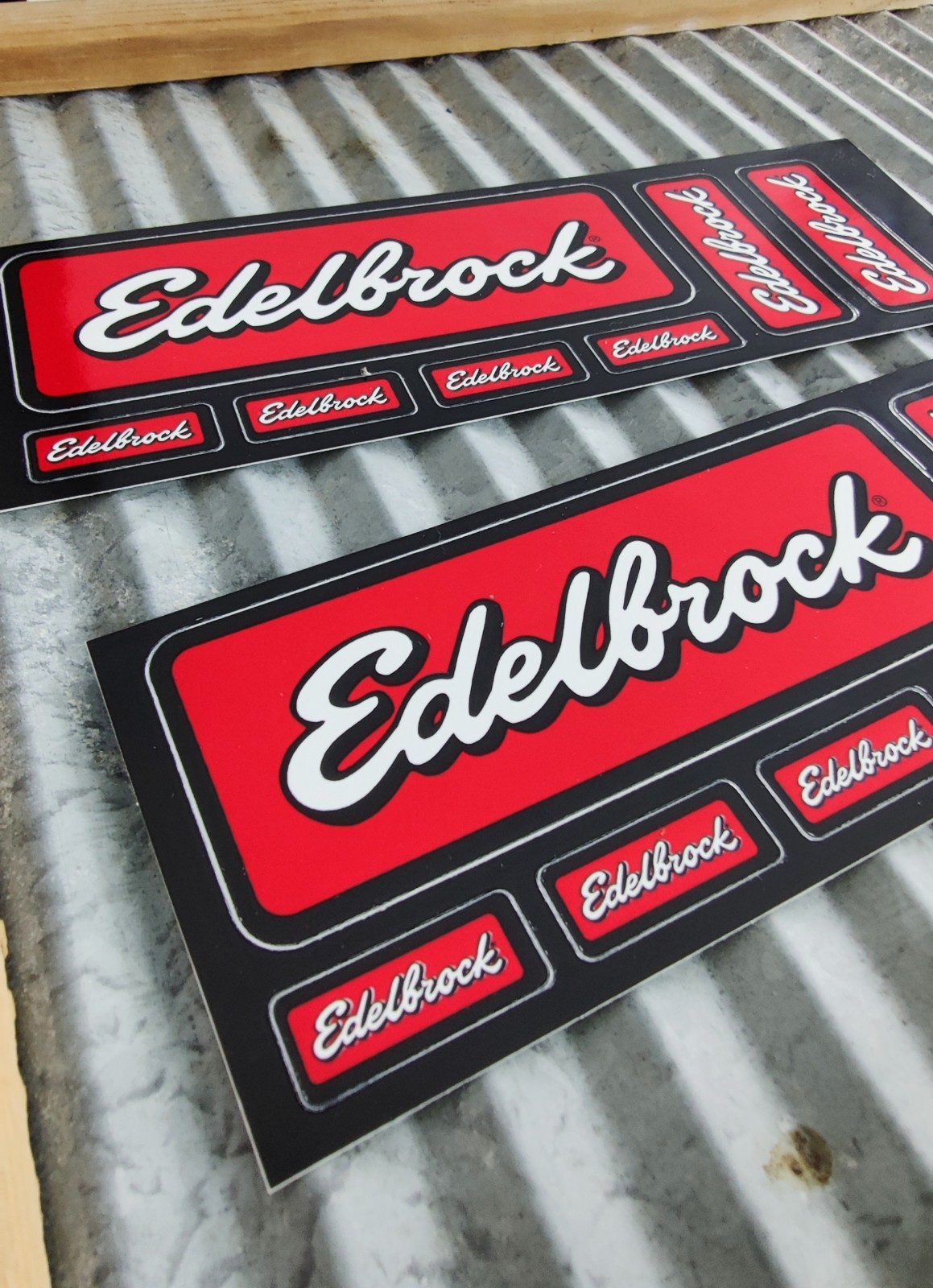 Pair Of Edelbrock 7 Decal Card Vintage racing Set. Nhra Hotrod Ratrod sticker