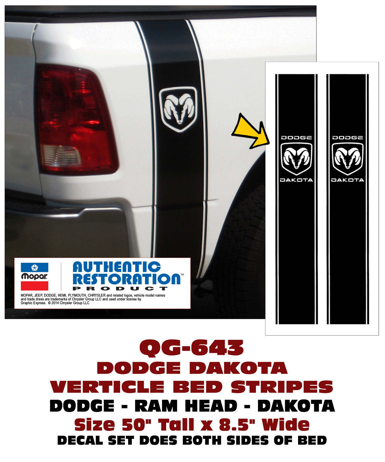 QG-643 DODGE DAKOTA VERTICAL BED STRIPE – DODGE-RAM HEAD-DAKOTA – LICENSED
