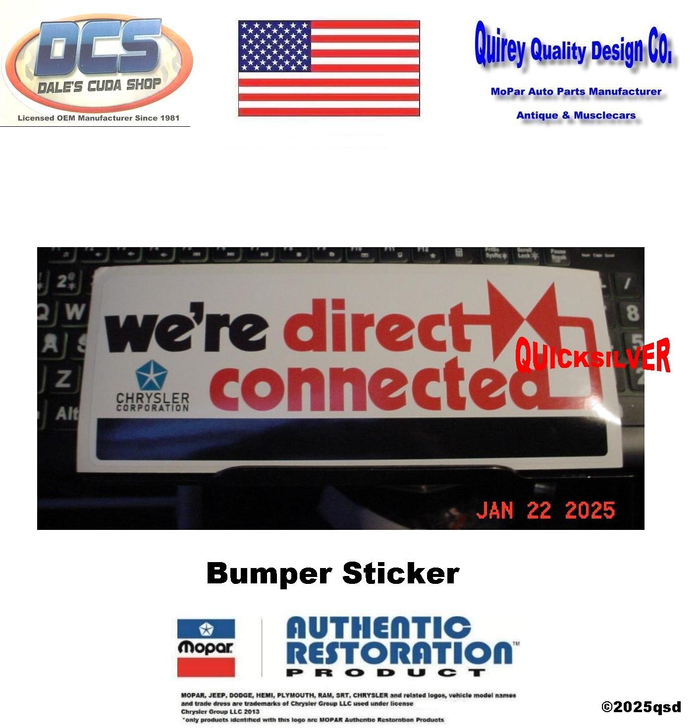 we’re direct connected Chrysler Bumper Sticker Licensed New MoPar USA