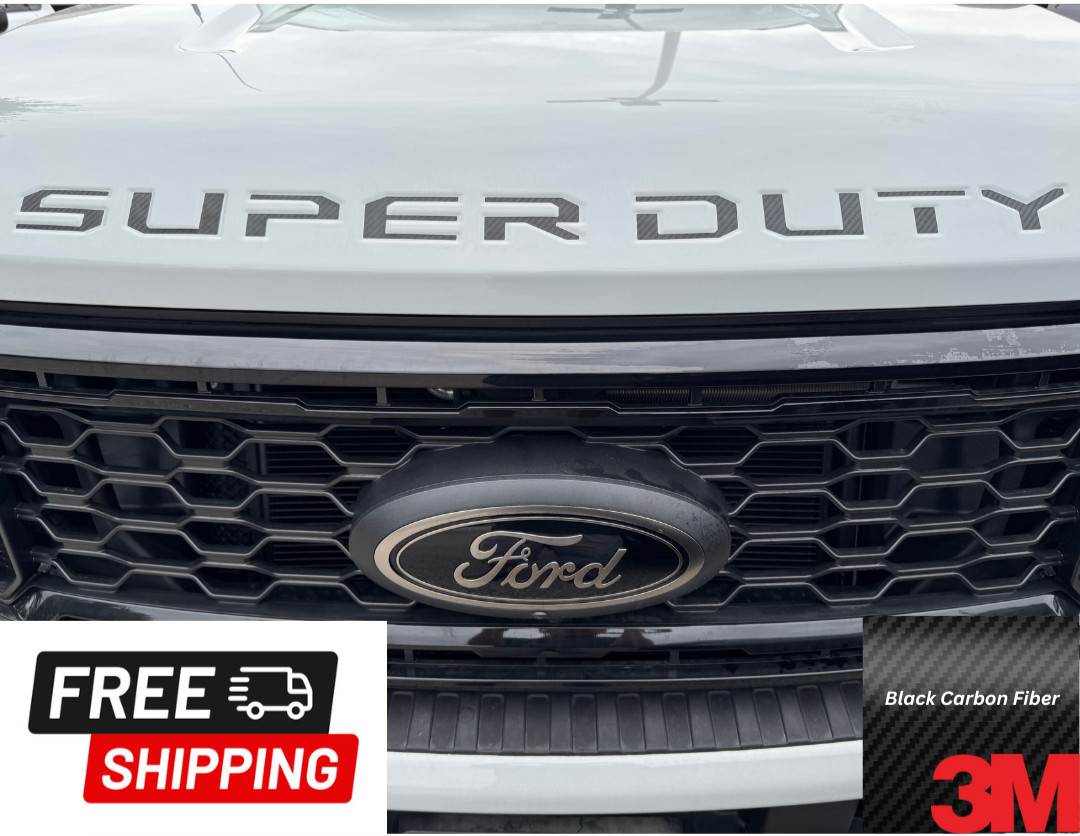 Black Carbon Fiber Vinyl Hood Inserts for Ford Super Duty 2023-2026