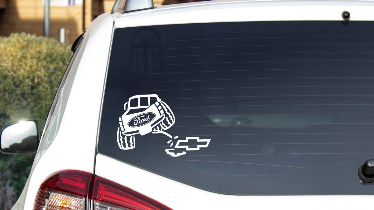Ford Truck Peeing on Chevy – Vinyl Decal Sticker – Ranger F-150 F-250 – 6″ wide