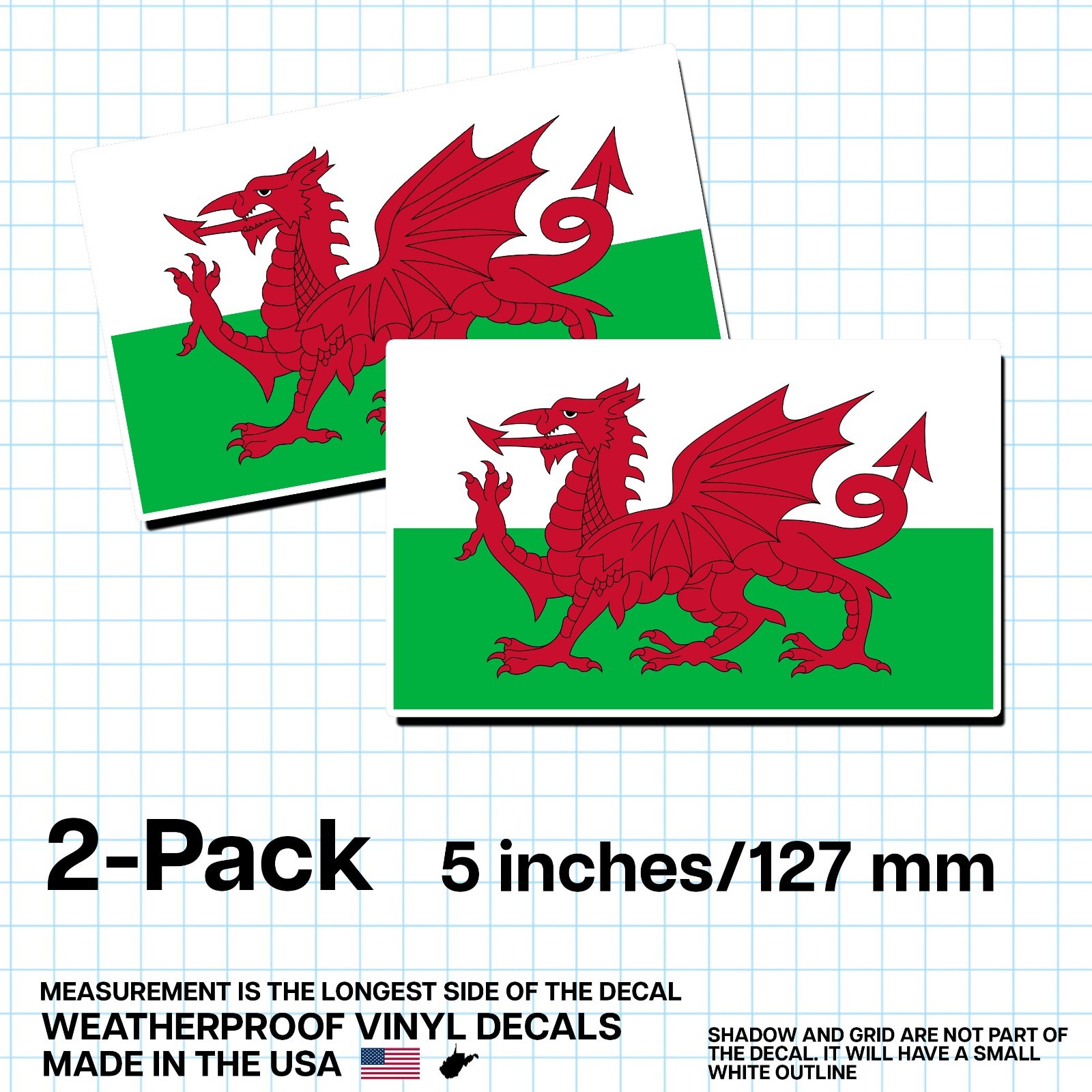 Wales Flag Sticker 5″ 2-Pack – GB-WLS Decal – Welsh Pride Vinyl