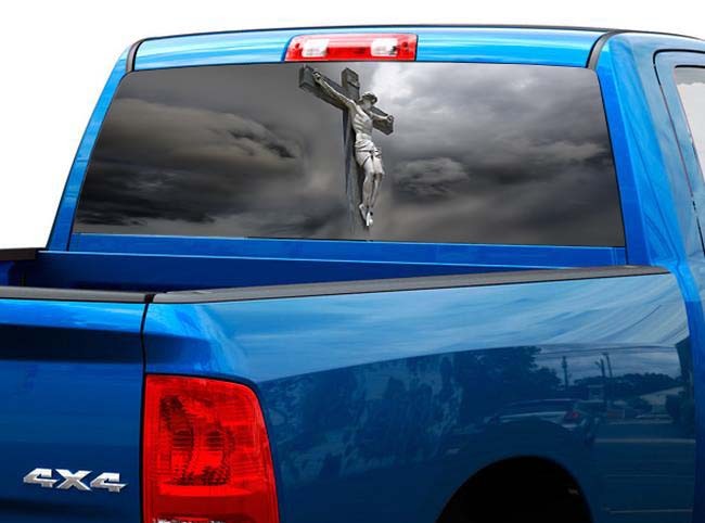 P522 Jesus Cross God Rear Window Tint Graphic Decal Wrap Back Pickup Graphics