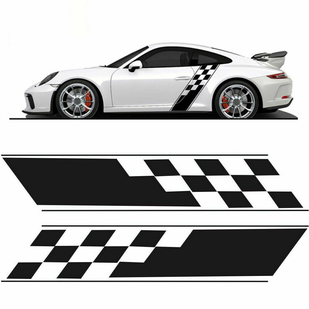 2X Sport Rally Racing Plaid Car Body Side Door Skirt Fender Stripe Decal Sticker