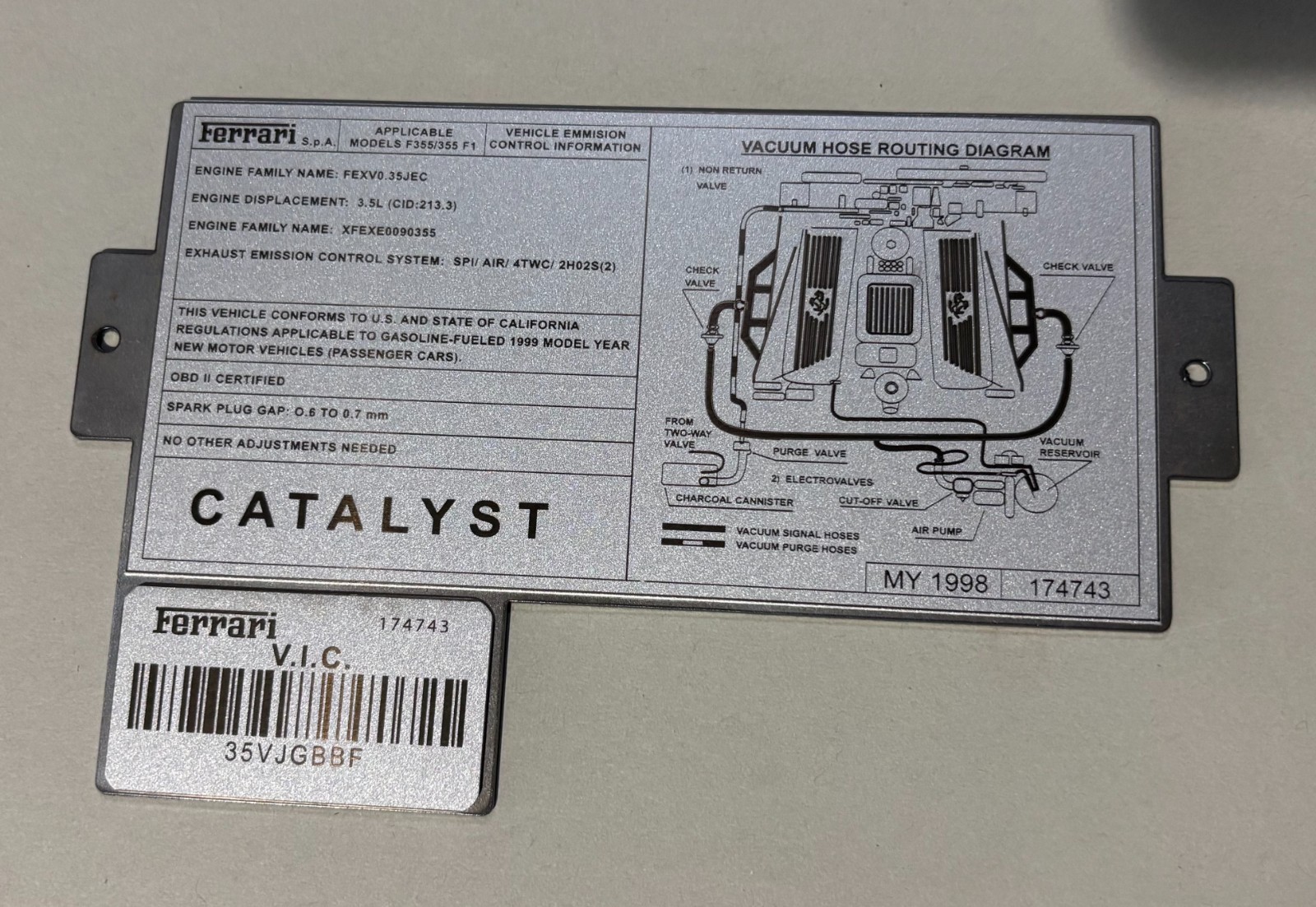 Ferrari Emission Control Information Data Plate Tag Decal Set With SS Plate