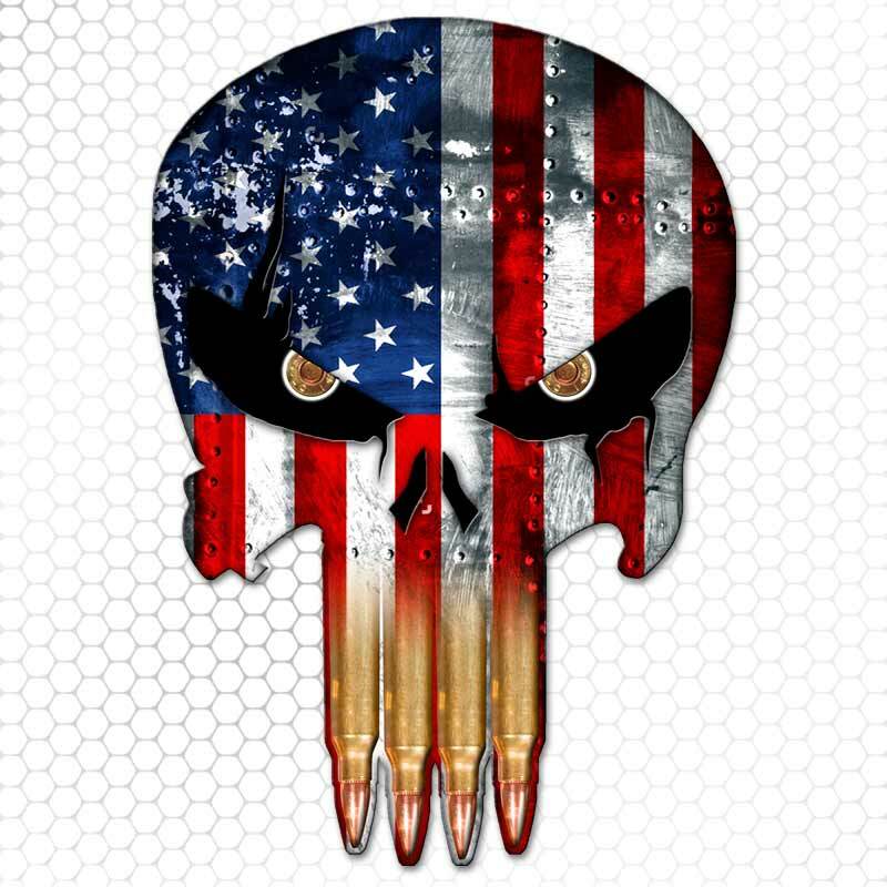 American Flag Punisher Skull Decal Sticker Gun Bullet USA