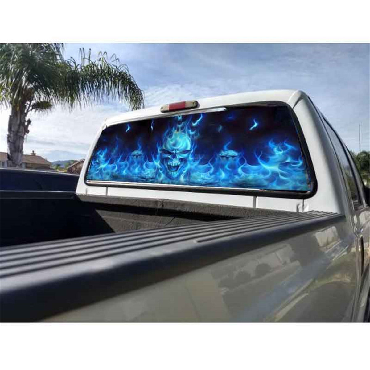 Blue Flaming Skull Rear Window Graphic Tint Decal Sticker Fit For Car Body Decor