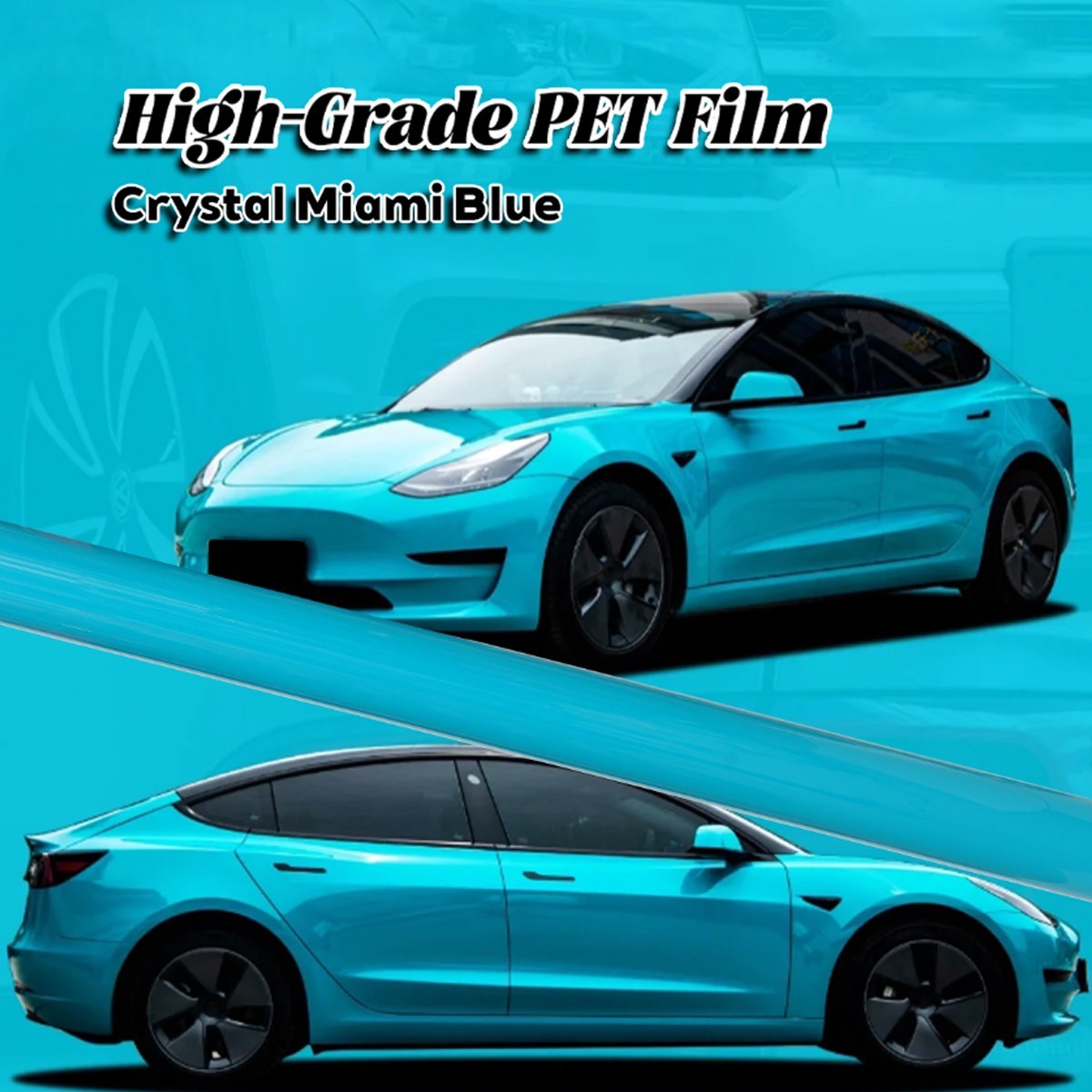 5FTx50FT PET Crystal Miami Blue Vinyl Wrap US Stock Gloss Car Wrap