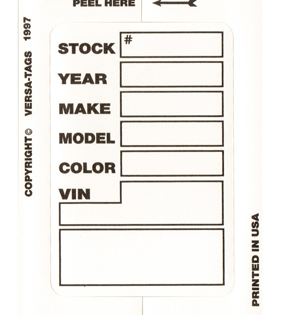 Car Dealer Inventory Stock Sticker Kleer Bak Versa Tag 100 pk 3″ X 4″