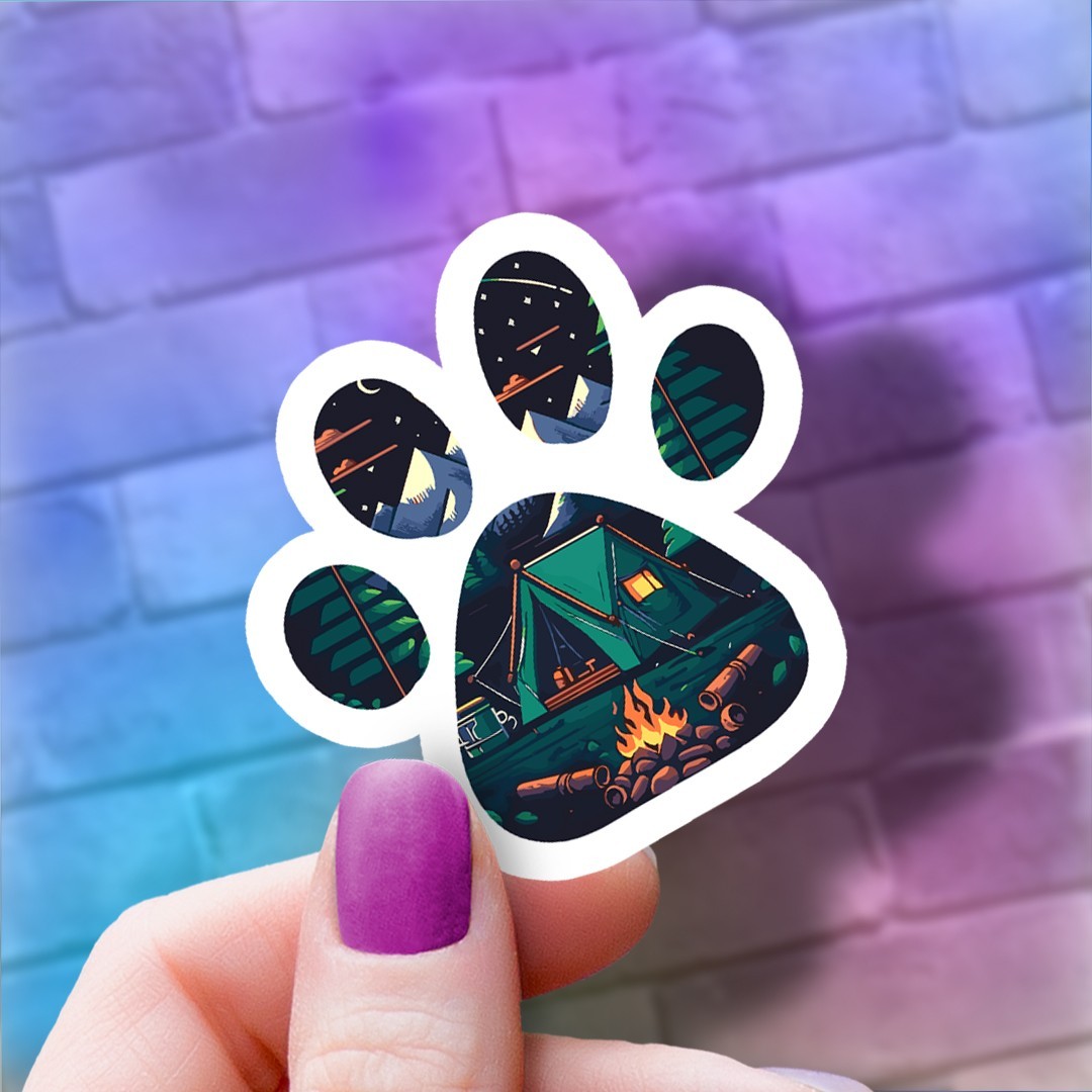 Happy Camper Dog Paw Print Sticker: Camping Vinyl: Water Bottle, Laptop Decal