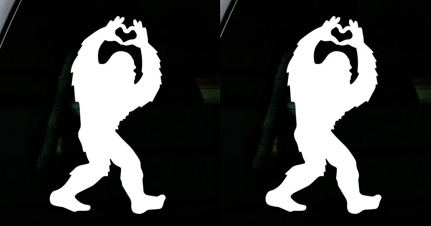 Bigfoot Spreading Love TWO White Vinyl Decals Car Truck Windows Tablet Tumblers