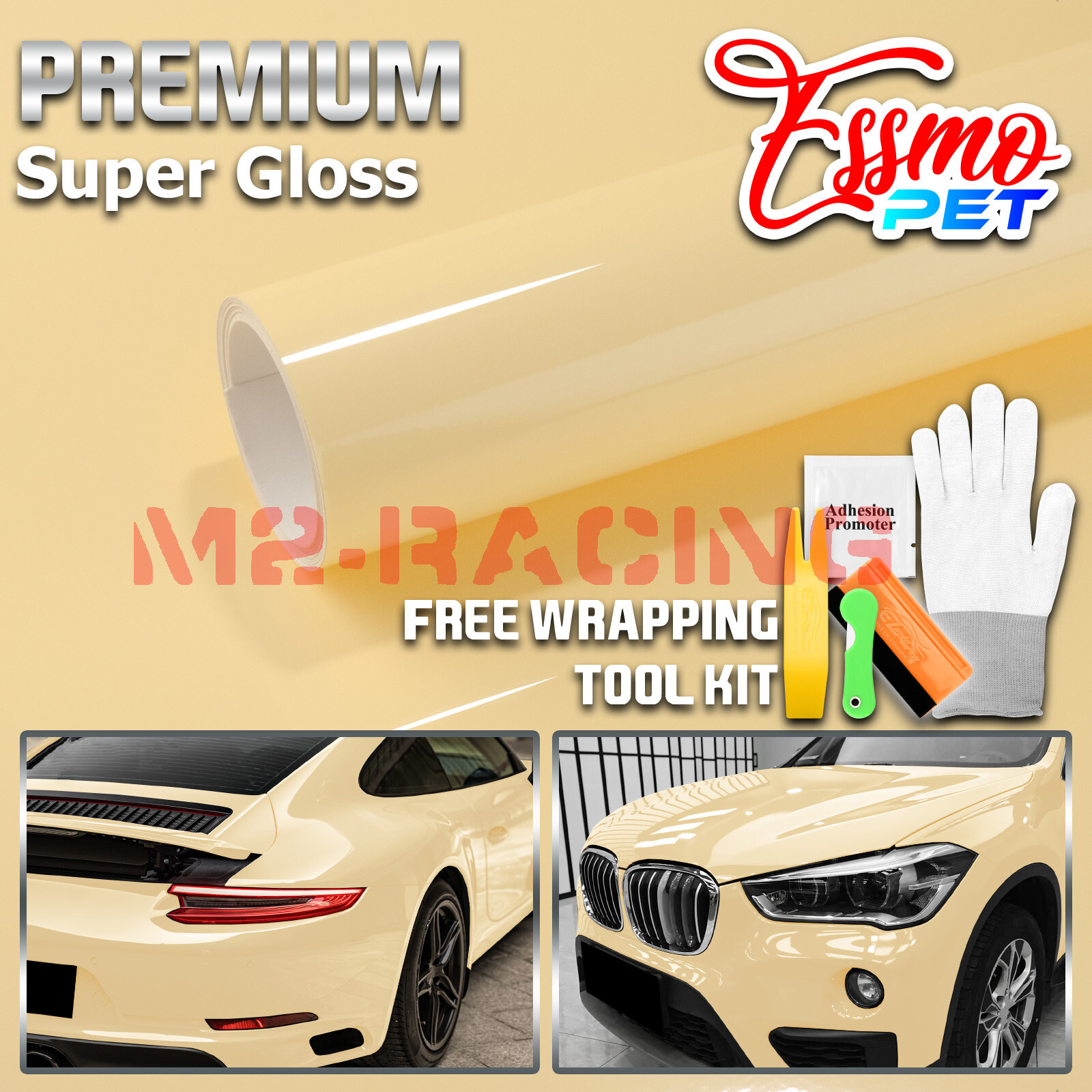 ESSMO PET Super Gloss Light Ivory Car Vehicle Vinyl Wrap Decal Glossy Like Paint