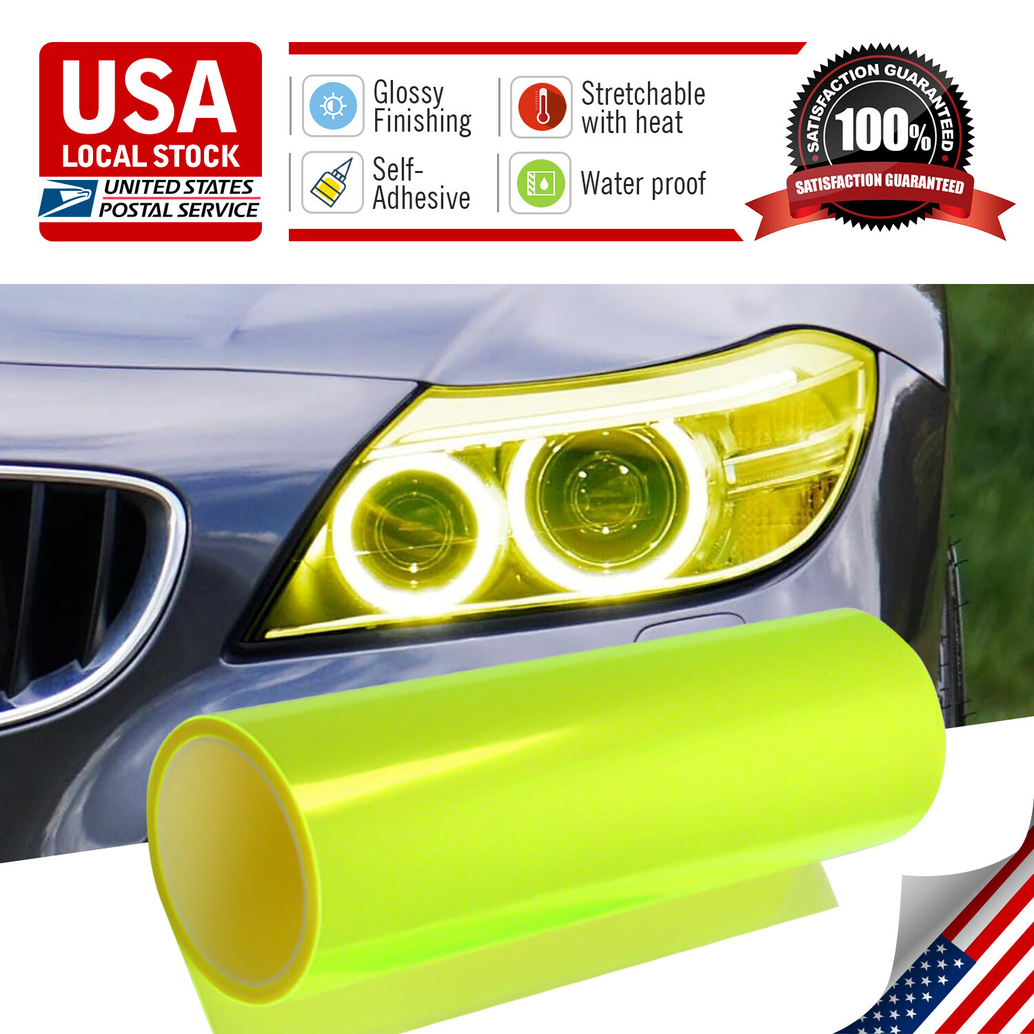 For Headlight Taillamp Transparent Neon Yellow Lens Vinyl Protection Film 12″