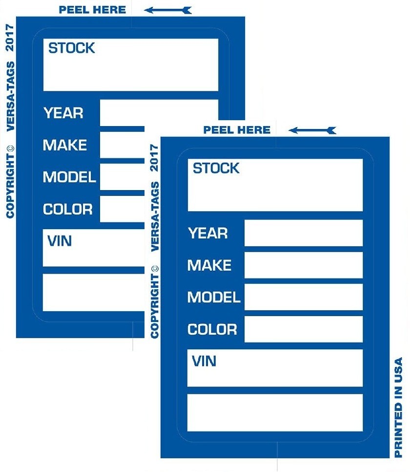 Versa Tag 2 pack Kleer Bak Stock Stickers Car Dealer Stock Stickers 100per pack