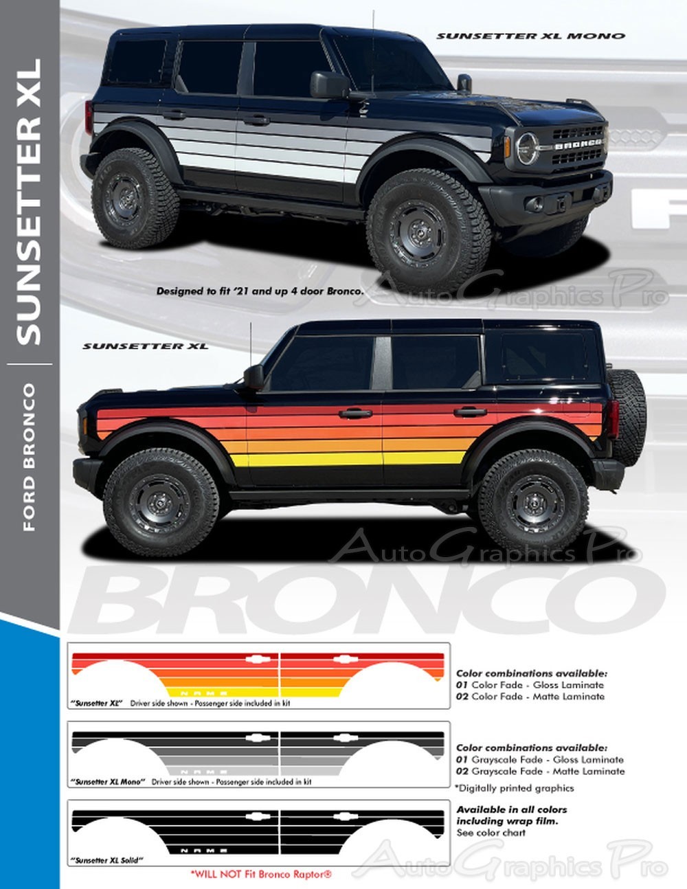 2021-2026 Ford Bronco Stripes Side Decals XL DIGITAL BLACK WHITE Door Graphics