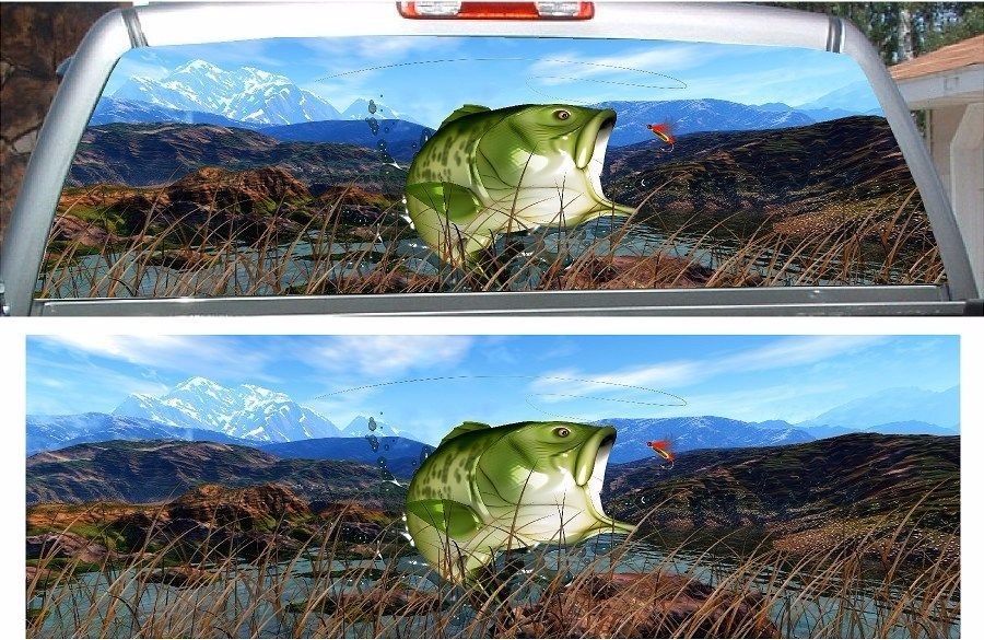 Large mouth bass fish fishing grass rear window view thru graphic decal wrap