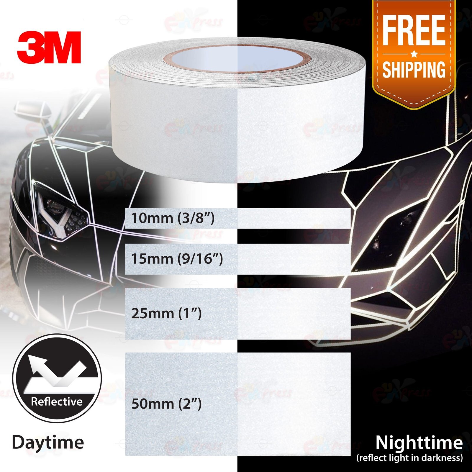 3/8″ 9/16″ 1″ 2″ Waterproof REFLECTIVE Adhesive 3M Vinyl Tape Decal SILVER WHITE